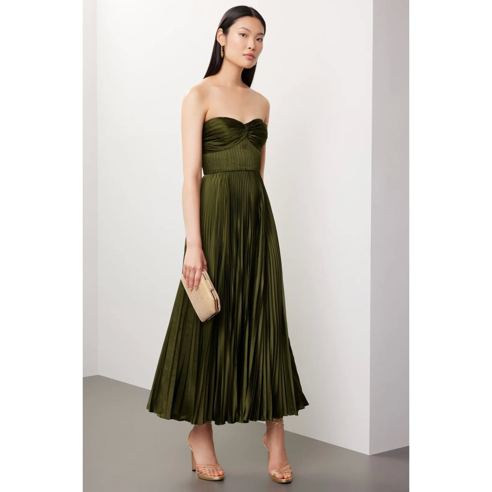 B44 AMUR Belle Strapless Maxi Dress 14 Olive Satin Pleated Flowy Wedding Guest
